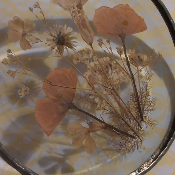 Vintage Pressed Dried Flowers, Silver Metal Trim‎ Circle Shaped Beveled Gloria - Picture 5 of 6
